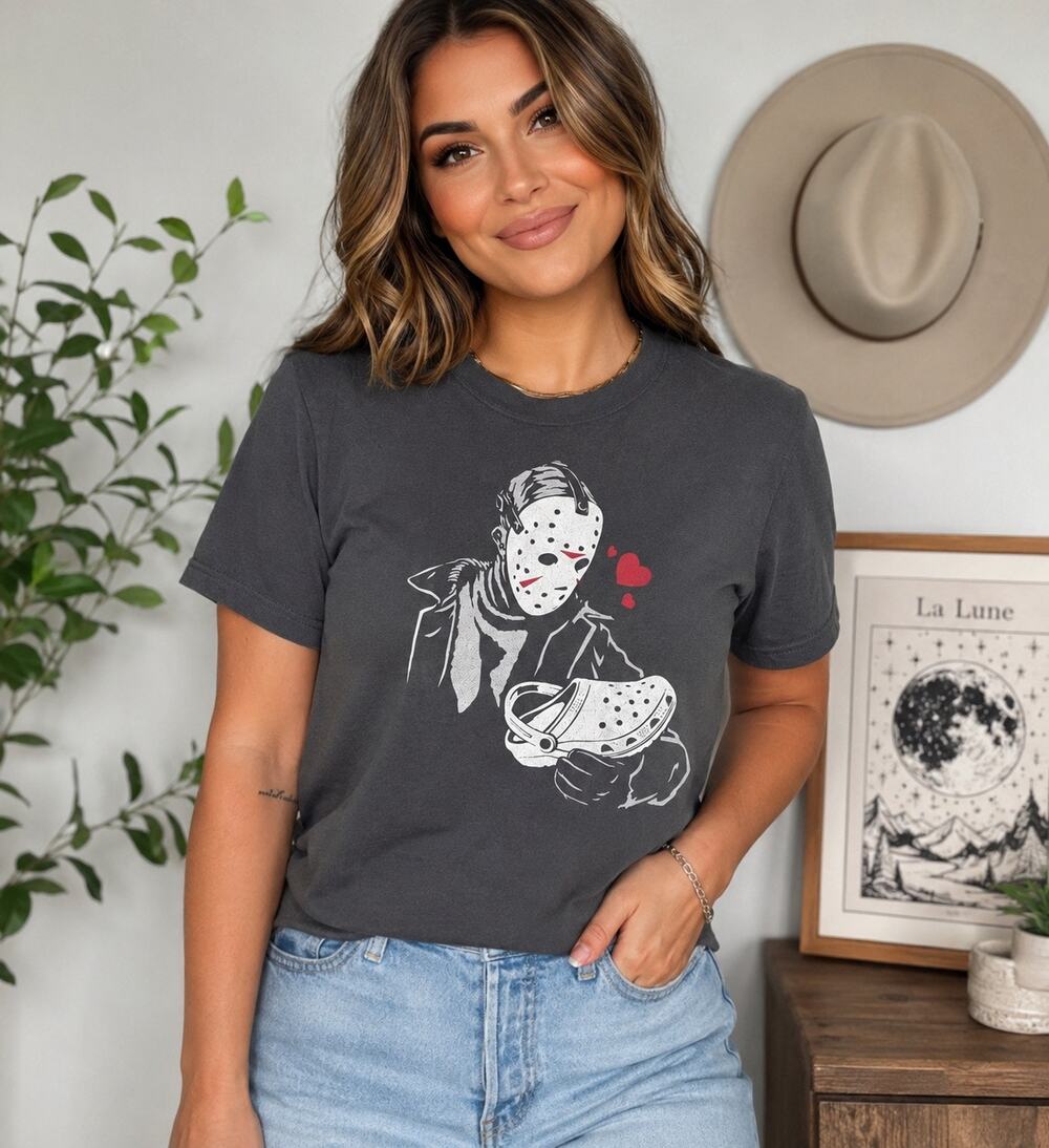 Jason Loves Crocs T Shirt Womens Medium Gray Graphic Cotton Crewneck Tee
